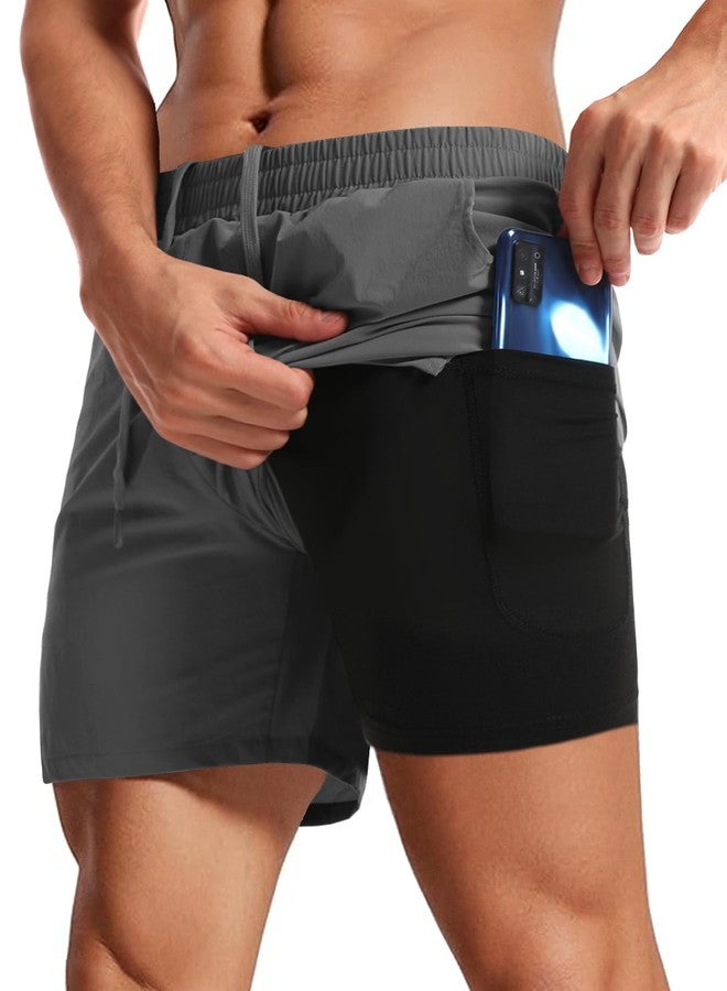 Aolesy Men's Workout Shorts with Liner 5 Inch Quick Dry 2 in 1 Running Shorts for Men Sports Athletic Gym Shorts with Zipper Pockets Dark Grey - Image 1